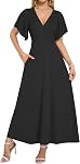 WNEEDU Womens 2026 Deep V Neck Ruffle Sleeve Summer Maxi Dress with Pockets | Flowy and casual design,Flattering empire waist,Pair with sandals and jewelry,Ideal for vacation and wedding guest sundress