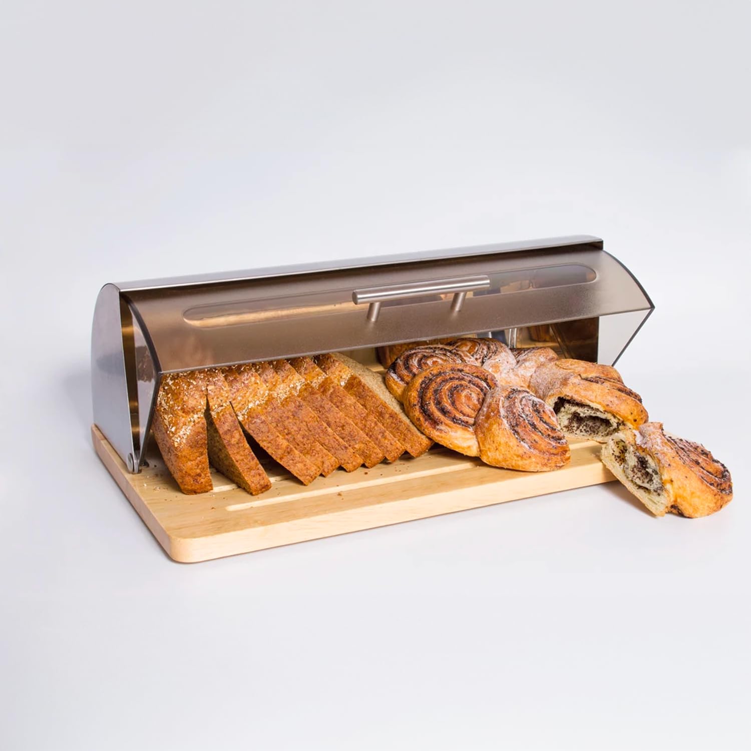 Avilia Portapane da Cucina Moderno con Coperchio Trasparente, Contenitore per il Pane in Acciaio e Bambù 39x14.5x28.5cm - Elegante e Durevole, Ideale per Conservare il Pane Fresco