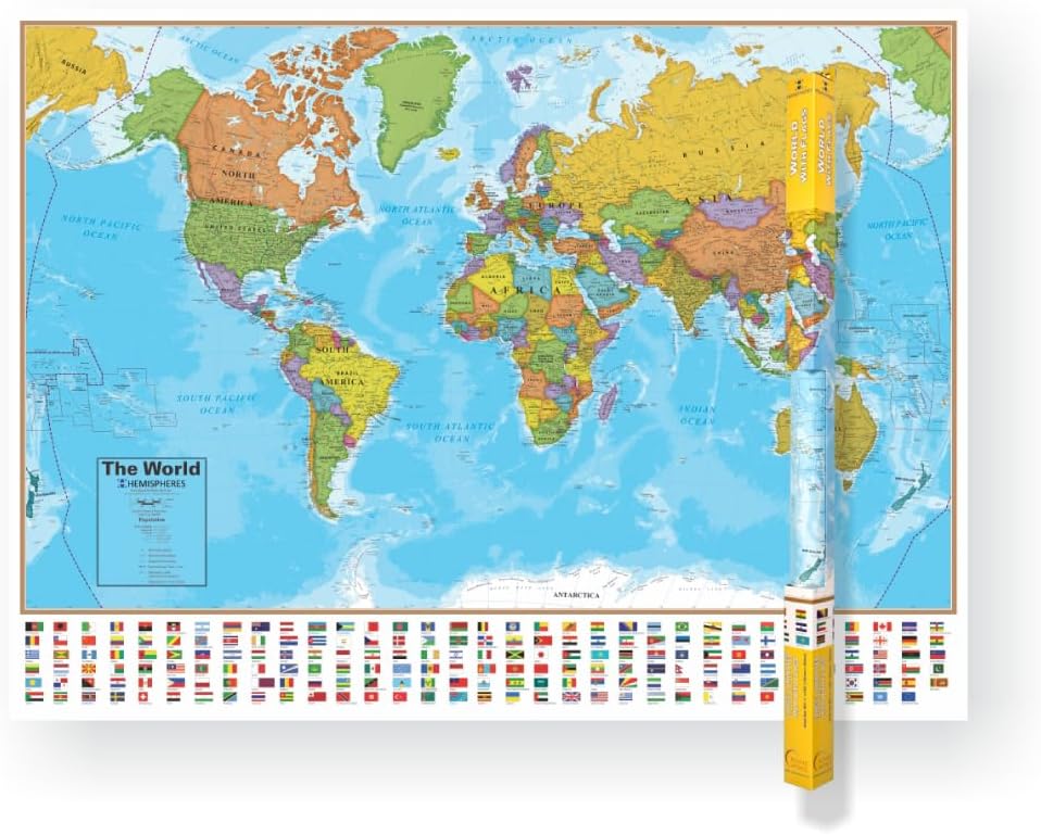 Hemisphere World Wall Map with Flags - 51"W x 38"H - UP-TO-DATE Cartography & Laminated for use with Dry Erase Marker - Perfect for Home, Office and Classroom