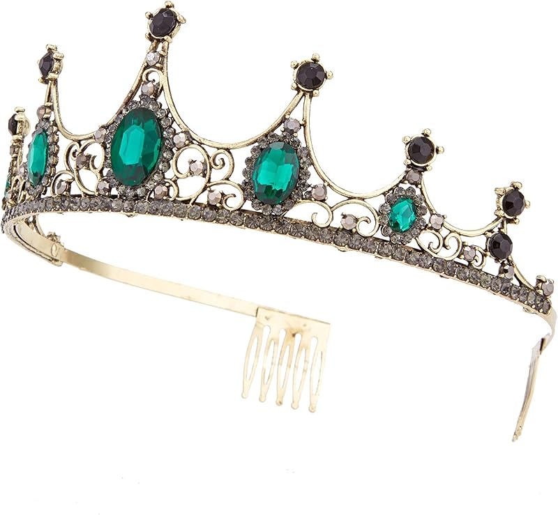 Vofler Barokk Tiara - Fekete-Arany Korona Smaragdzöld Kristályokkal - Elegáns Fejdísz Esküvőre, Jelmezbálra, Születésnapra