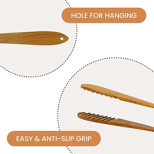 Miniatura 4 de Pinzas de madera de teca para cocinar y servir ensaladas (9 y 12 pulgadas, juego de 2)  Pinzas de madera para alimentos, tocino, barbacoa,