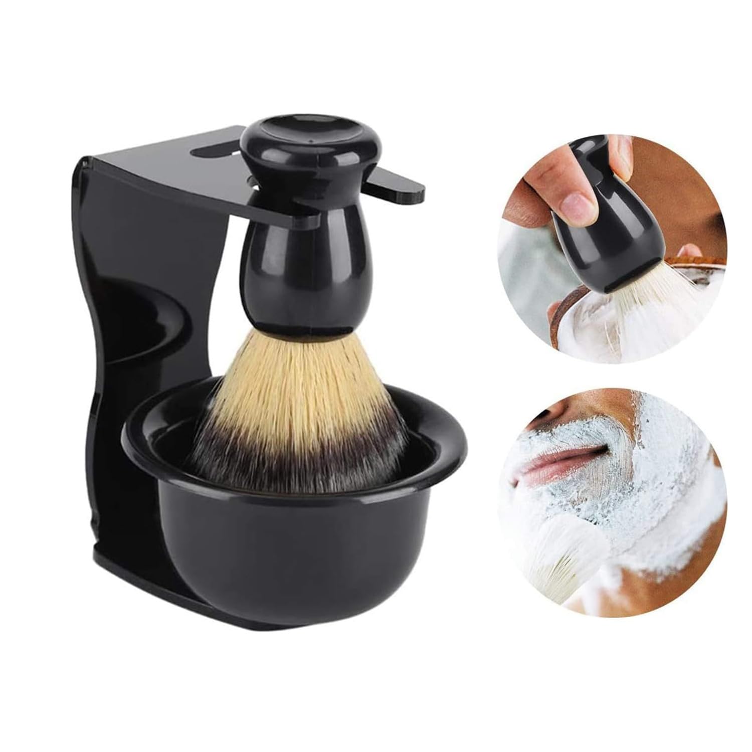 Alleisure 3-in-1 Shaving Brush Set for Men - Shaving Soap Bowl, Hair Shaving Brush, and ABS Stand with Razor Slot - Stainless Steel Men's Grooming Kit for Professional Shaving and Salon Use (Black)