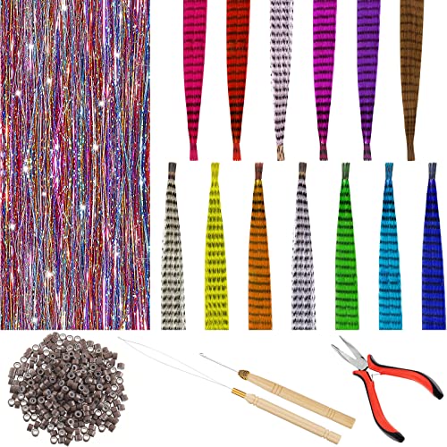 480 Pieces Strands Tinsel Hair 65 Pieces 13 Colors Synthetic Hair Feathers Hair Extension Kit With 200 Micro Ring Beads Glitter Hair Extension Tinsels For Women Girls Cosplay Party (Feathers Are Faux) #TOP16