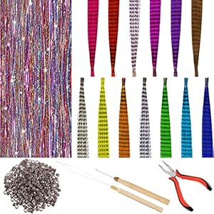 480 Pieces Strands Tinsel Hair 65 Pieces 13 Colors Synthetic Hair Feathers Hair Extension Kit with 200 Micro Ring Beads Glitter Hair Tinsels for Christmas Women Cosplay Party (Feathers Are Faux)