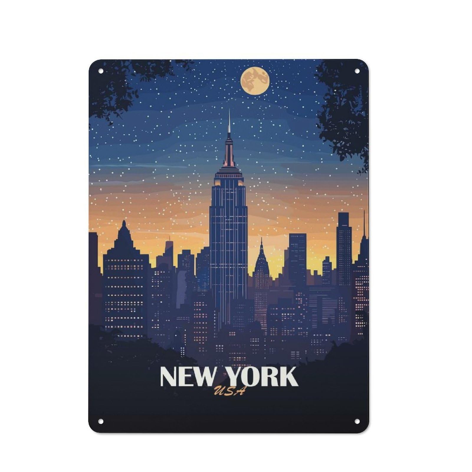 Junmoney New York City Skyline At Night Vintage Metal Plaque 40X30cm, Bistro Wall Plaque For Coffee Bar, Kitchen, Bistro Or Tea Corner