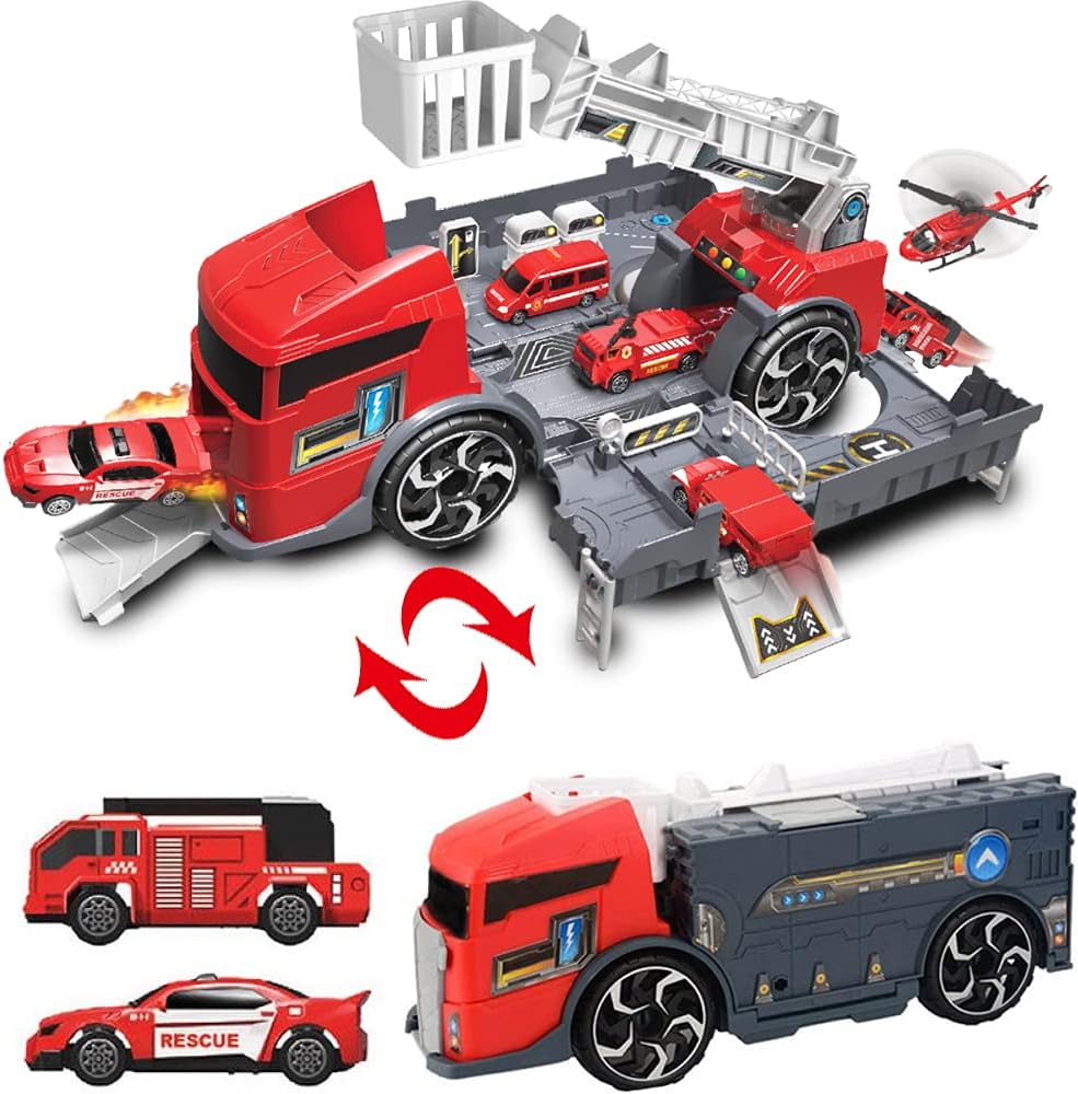 Transformer Toys: Transformer fire truck for kids to fire station play set with three rescue cars Pretend Play toys for 3-Year-Old