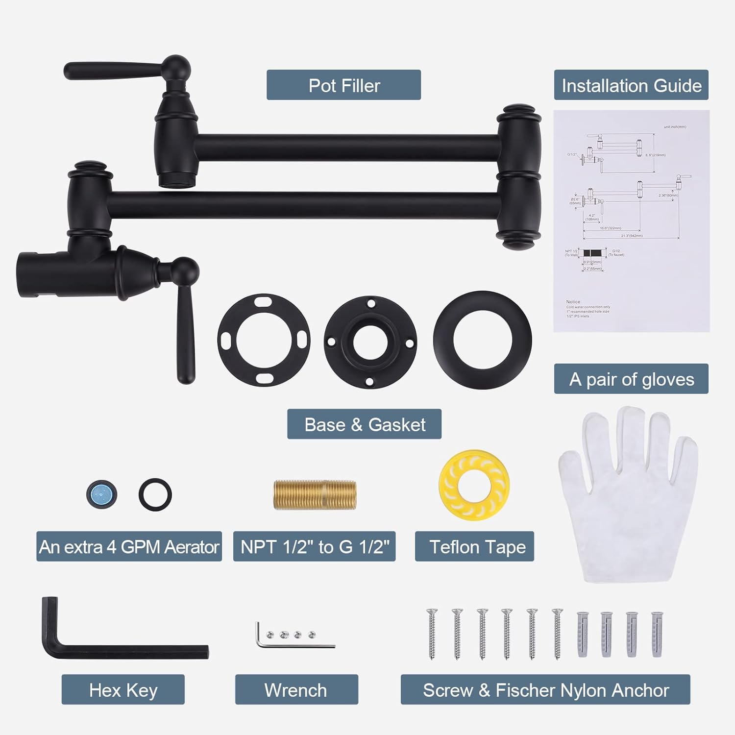 Black Pot Filler, ARCORA Modern Pot Filler Faucet Wall Mount 2 Handle with Double Joint Swing Arms Brass Stove Faucet