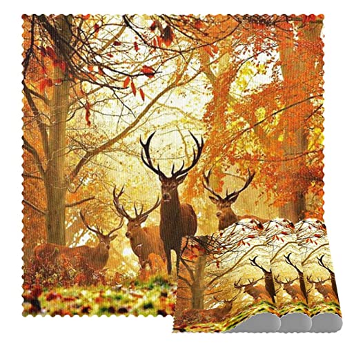 Manteles individuales cuadrados para mesa de comedor, caza de ciervos en otoño con patrón de bosque