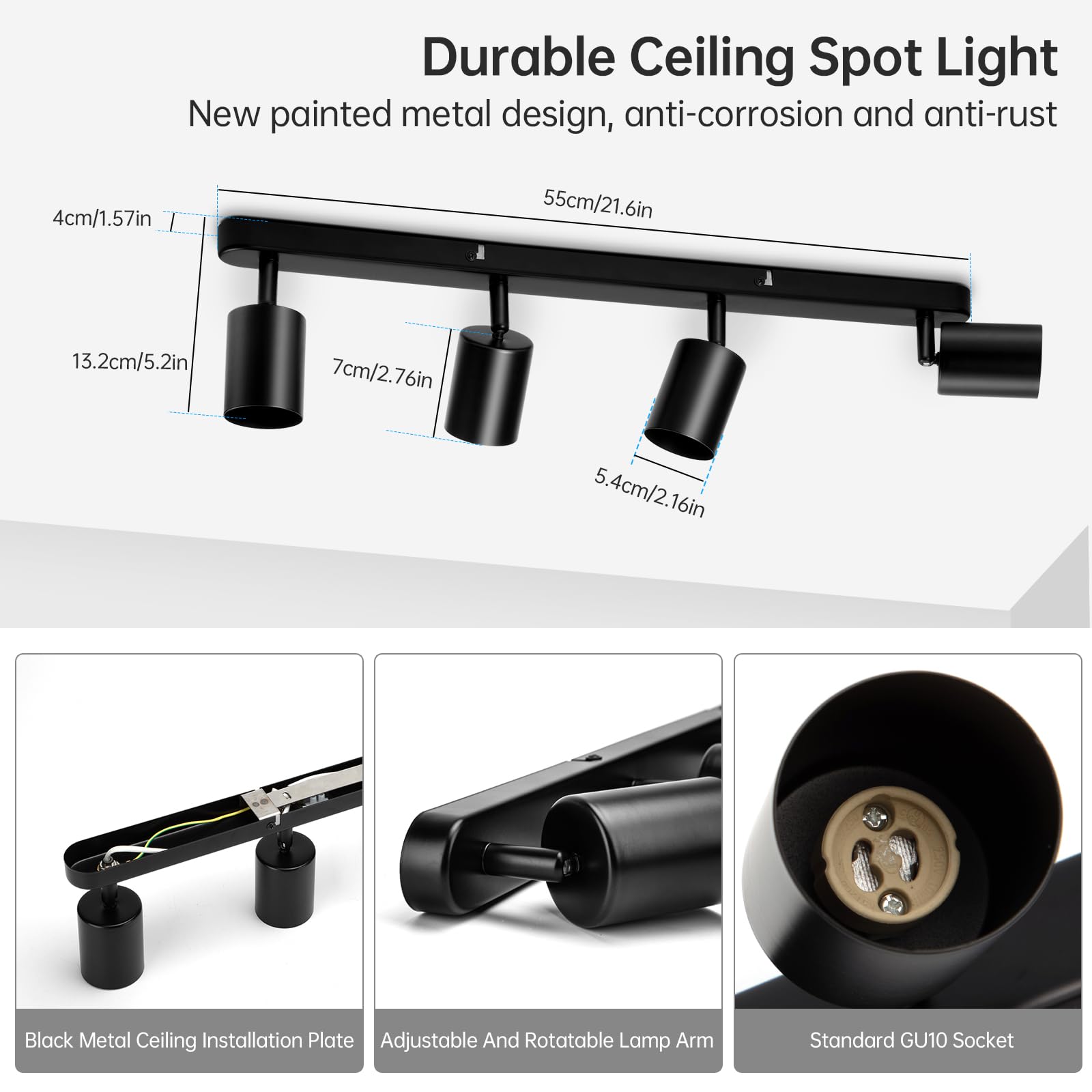 Wowatt Lampada Faretti da soffitto Orientabili, Attacco per 4 lampadine GU10 non Incluse, Moderna Plafoniera LED Nero Lampada da Soffitto Faretti da Parete Interno per Salotto Camera da Letto o Cucina | Lampadario Faretti Orientabili Interno, Binario Lamp