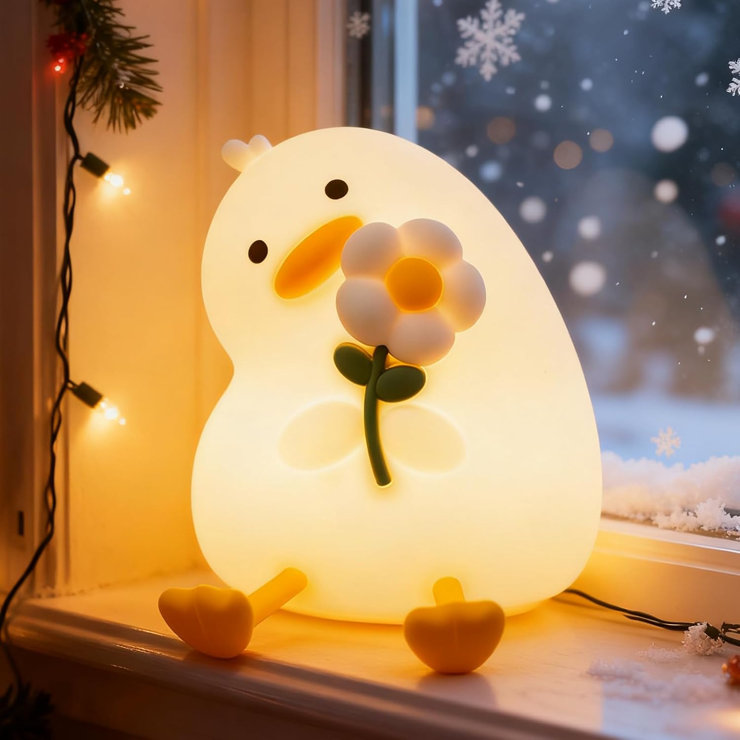 Animal Night Light for Kids, Cute Duck Night Light with Timer, Dimmable Silicone Lamp with 3 Brightness Levels, Rechargeable Nightlight, LED Squishy Bedside Lamp for Boys Girls Toddler (Flower Duck)