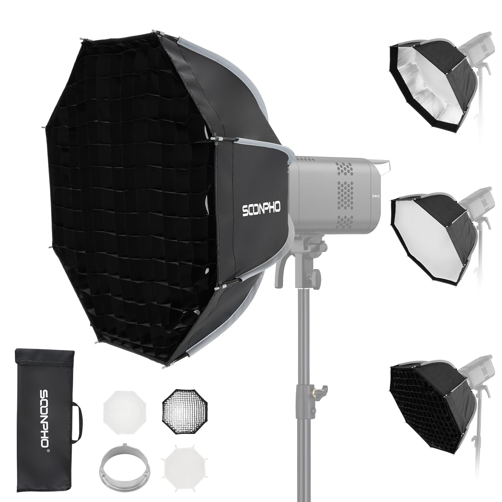 Soonpho 26"/65cm Octagonal Softbox, Quick Release Bowens Mount Softbox with Honeycomb Grid, Light Diffusers, Bag for Godox SL60W, SL60IID, SL60IIBI, for Neewer CB60B, FS150B, CB100C, for Amaran 200x S