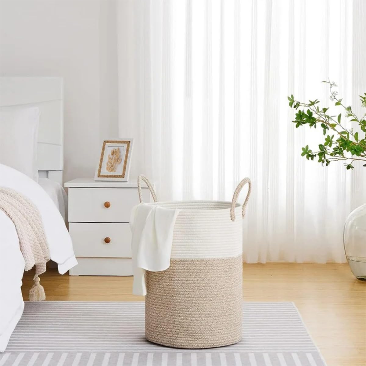 52L Large Rope Woven Storage Basket, 15x18in Cotton Laundry Hamper with Soft Handles for Living Room Bedroom Home Organization, Brown White