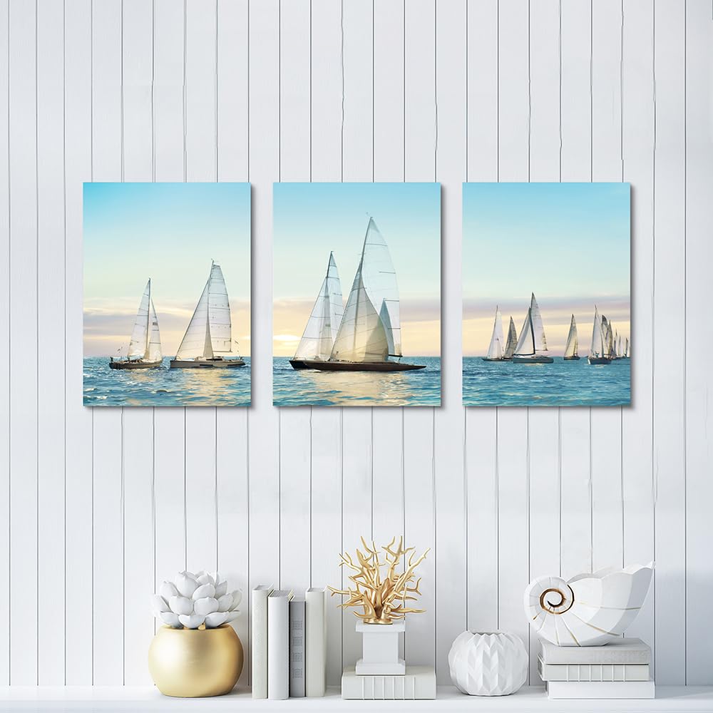Hardy Gallery Arte de pared de velero, imágenes costeras: decoración de pared náutica, arte de vela, impresión de océano azul en lienzo para baño, 12 x 16 pulgadas x 3 paneles