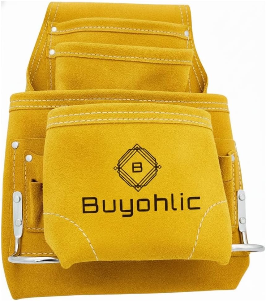 Heavy-Duty Suede Carpenter's Tool & Nail Bag – 10-Pocket Construction Pouch, Dark Tan