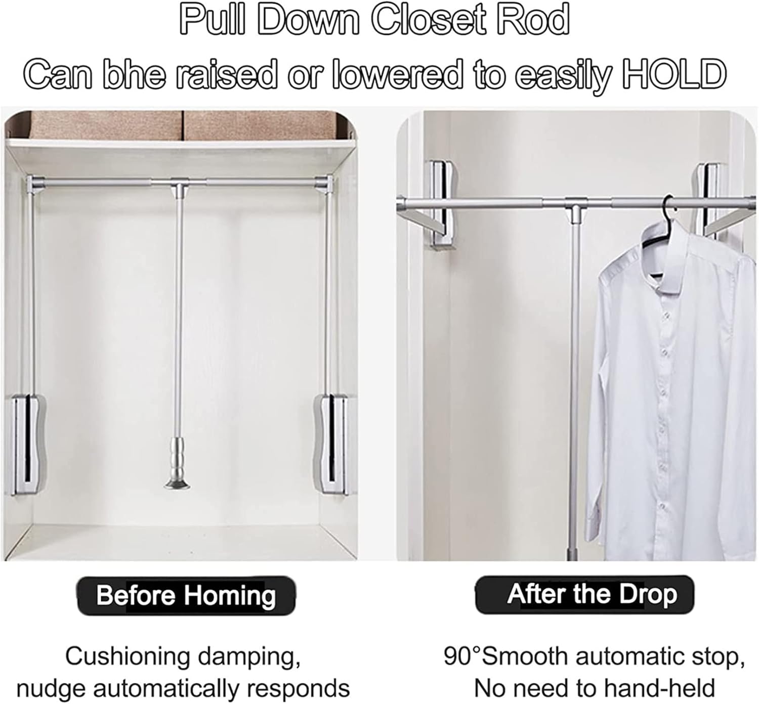 Adjustable Pull-Down Closet Rod Organizer, Aluminium Storage System with Ergonomic Handle, Adjustable Width