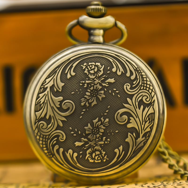Reloj de Bolsillo Cuarzo con Cadena Fina y Textura Creativa Bronce Vintage, Accesorio Moda, Regalo Unisex for Estudiantes(Bronze 3pc)