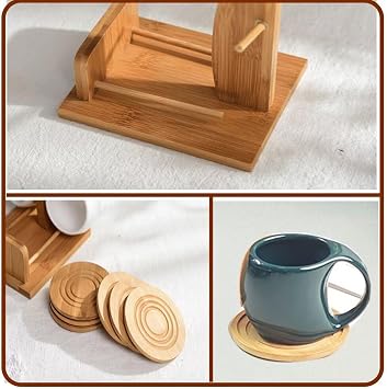 Ceramic Coffee Cup Shelf Set 6 Piece Creative Cup Green and Wood Saucer 12.6x15.6x37.5cm Coffee Mugs with Bamboo Stand Frame Combination Kitchen Accessories Display