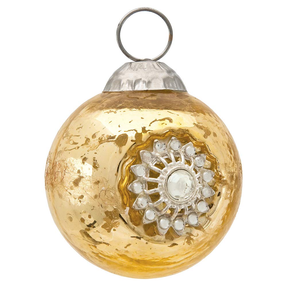 Mercury Glass Ornaments (2.25-Inch, Audrey Bejeweled Design, Gold) - Vintage-Style Decorations for Home or Holiday Décor
