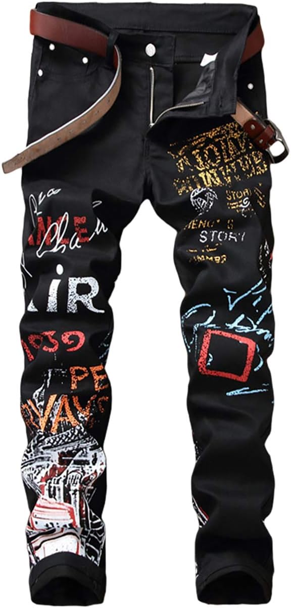 Enrica Men's Casual Printed Jeans Skinny Denim Pants