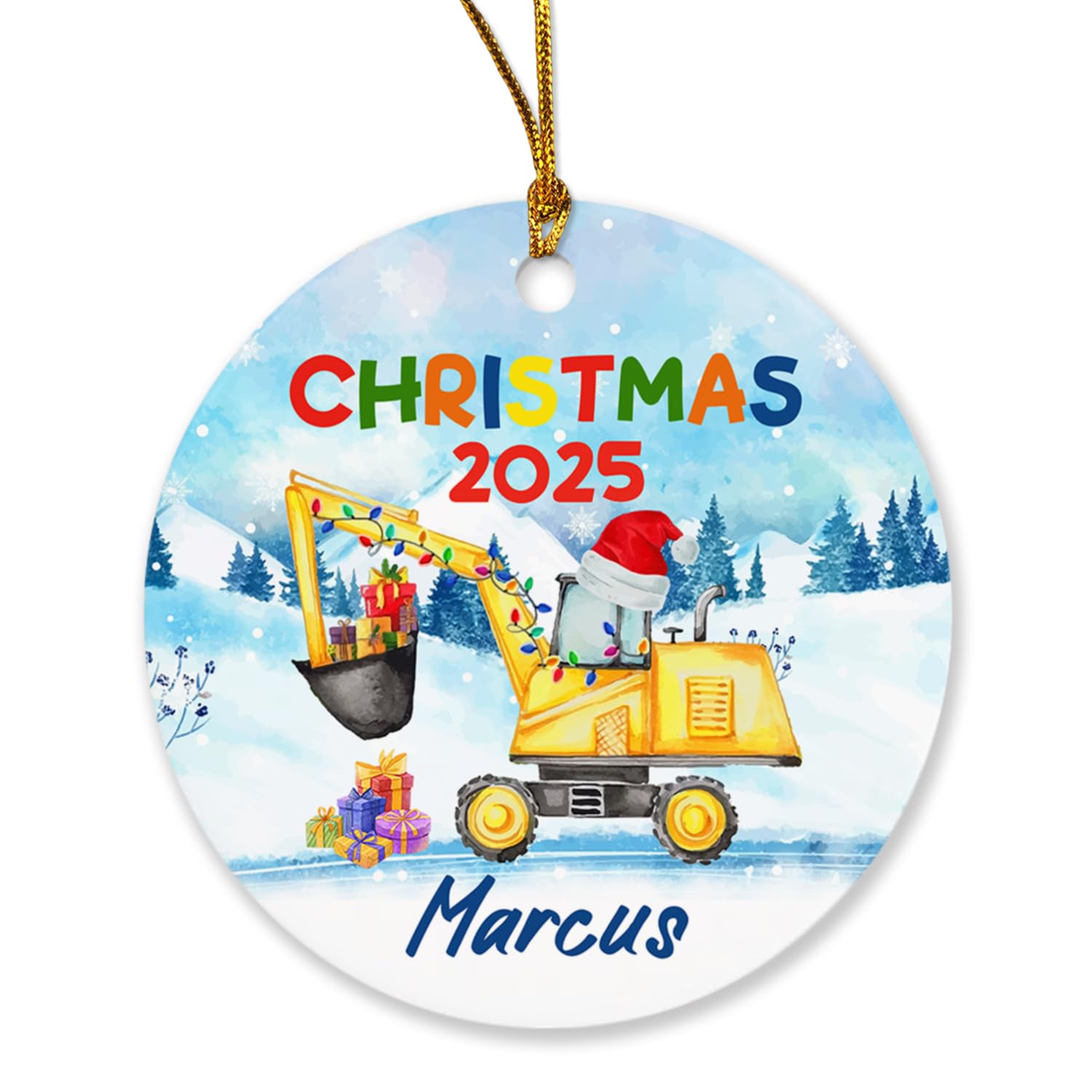 Personalized Kids Excavator Construction Heavy Equipment Ornament, Custom Kids Name Christmas Hat, Xmas Tree Ornament