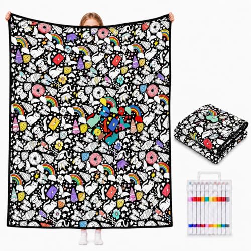 VEELU DIY Coloring Blanket with 24 Colors Markers Color Your Own Blanket for Adults - Washable Cozy Blankets Kit for Everyday Use & Home Decor 50 x 60 (Style 3-Rainbows)