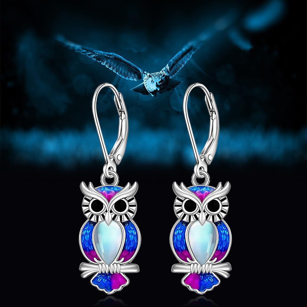 Owl Earrings for Women Sterling Silver Moonstone Owl Dangle Earrings Leverback Family Tree Jewelry Graduation Owls Gifts - Image 5