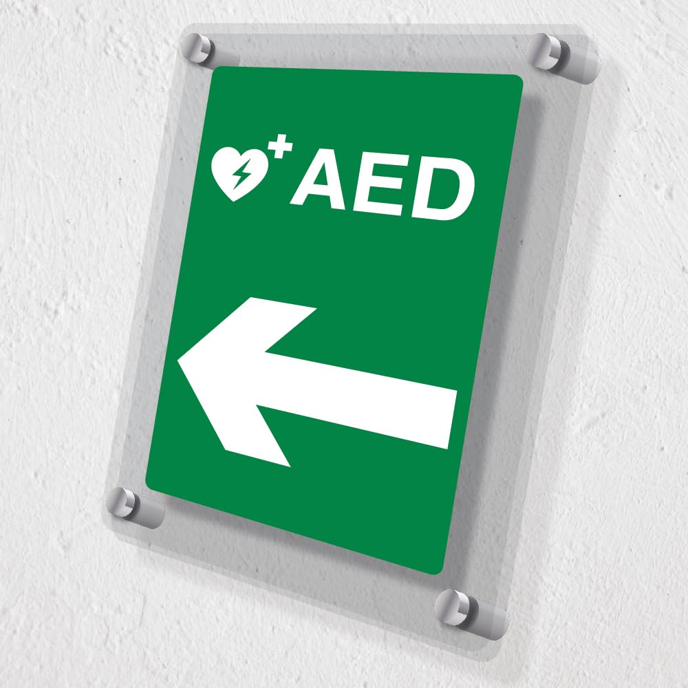 V Safety AED Arrow Left - 200 x 300 mm - Acrylic Perspex Cast Clear Safety Sign, Green - Image 2