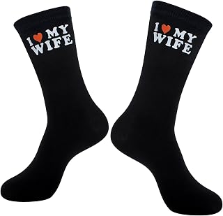 Black socks with I Love My Wife text and orange heart