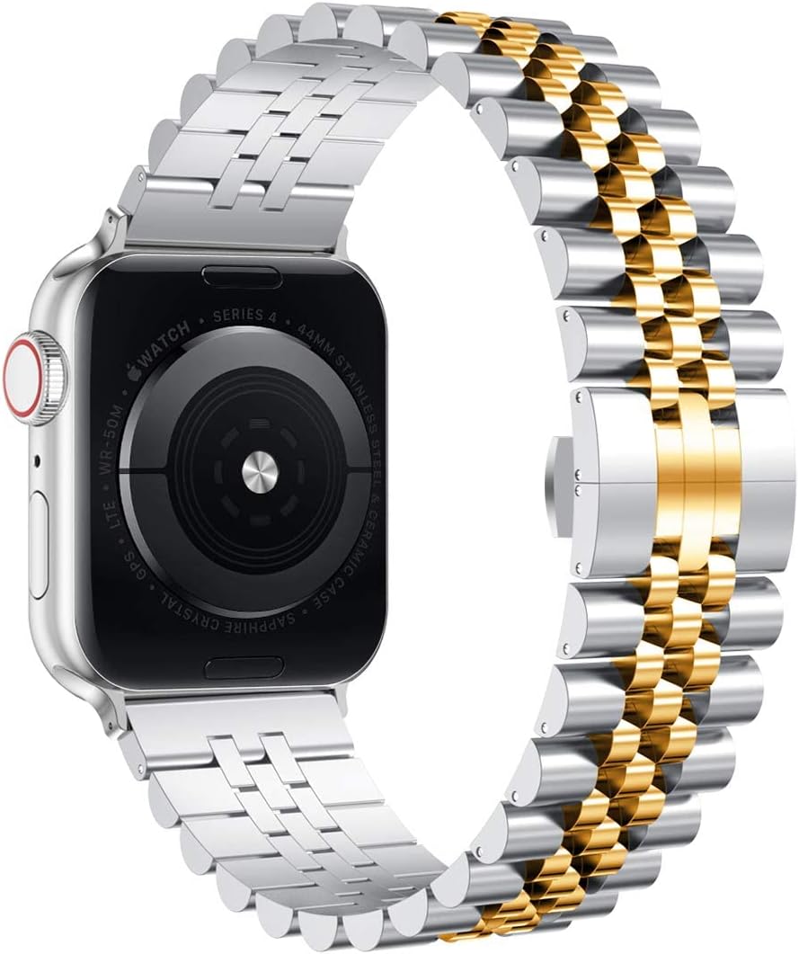Wolait Compatible with Apple Watch Bands 42mm (Series 11 10 )41mm 40mm 38mm, Stainless Steel Heavy iWatch Bands with Butterfly Folding Clasp Link Bracelet for Series 9/8/7/6/5/SE3/2/1 Women Men, Silver/Gold