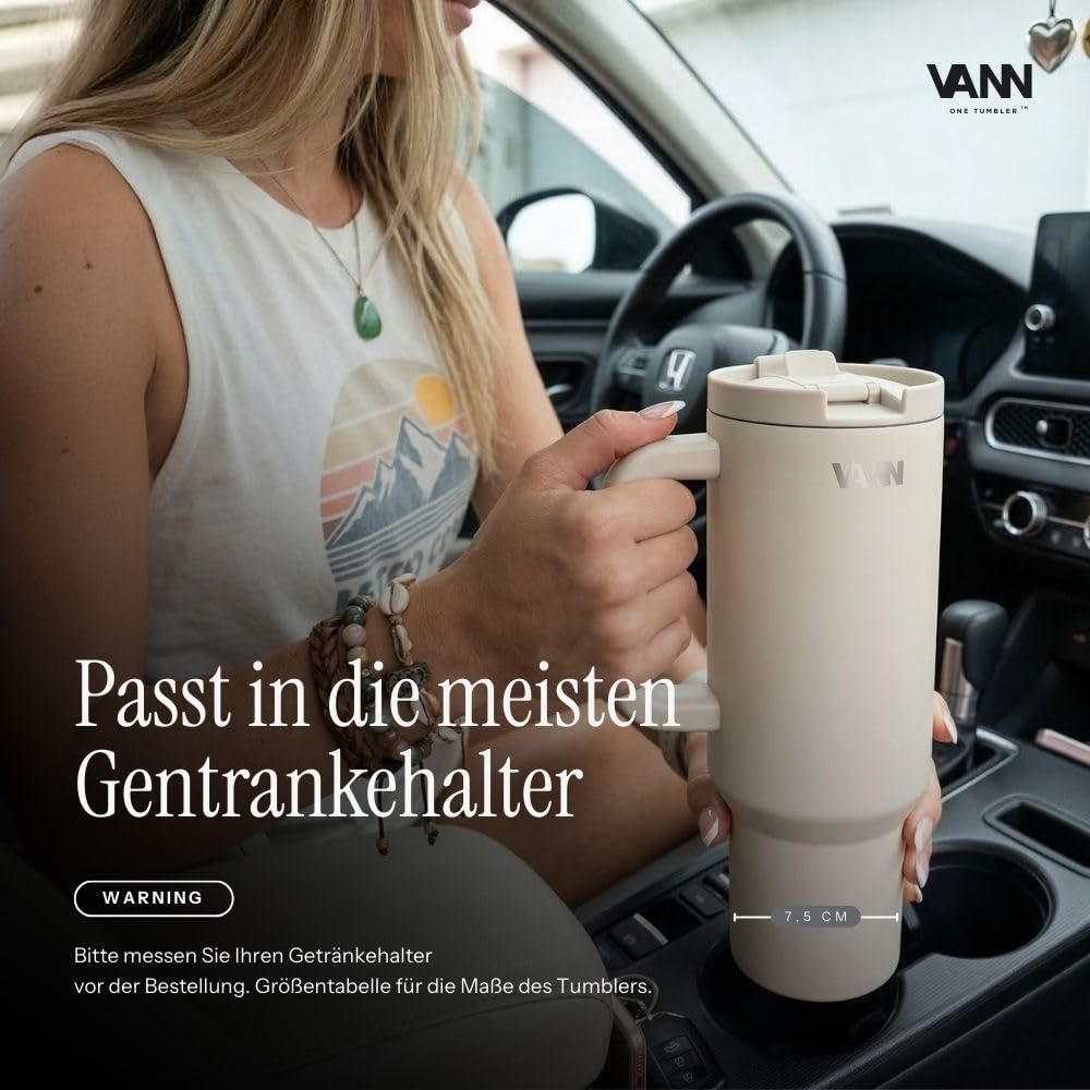VANN Trinkflasche mit Strohhalm 1,2L - Tumbler zertifiziertem Edelstahl | 2-in-1-Deckel Trinkbecher Auslaufsicher & 3-fach Isolierung - Trinkbecher mit Deckel und Strohhalm [BPA-frei] - One Schwarz