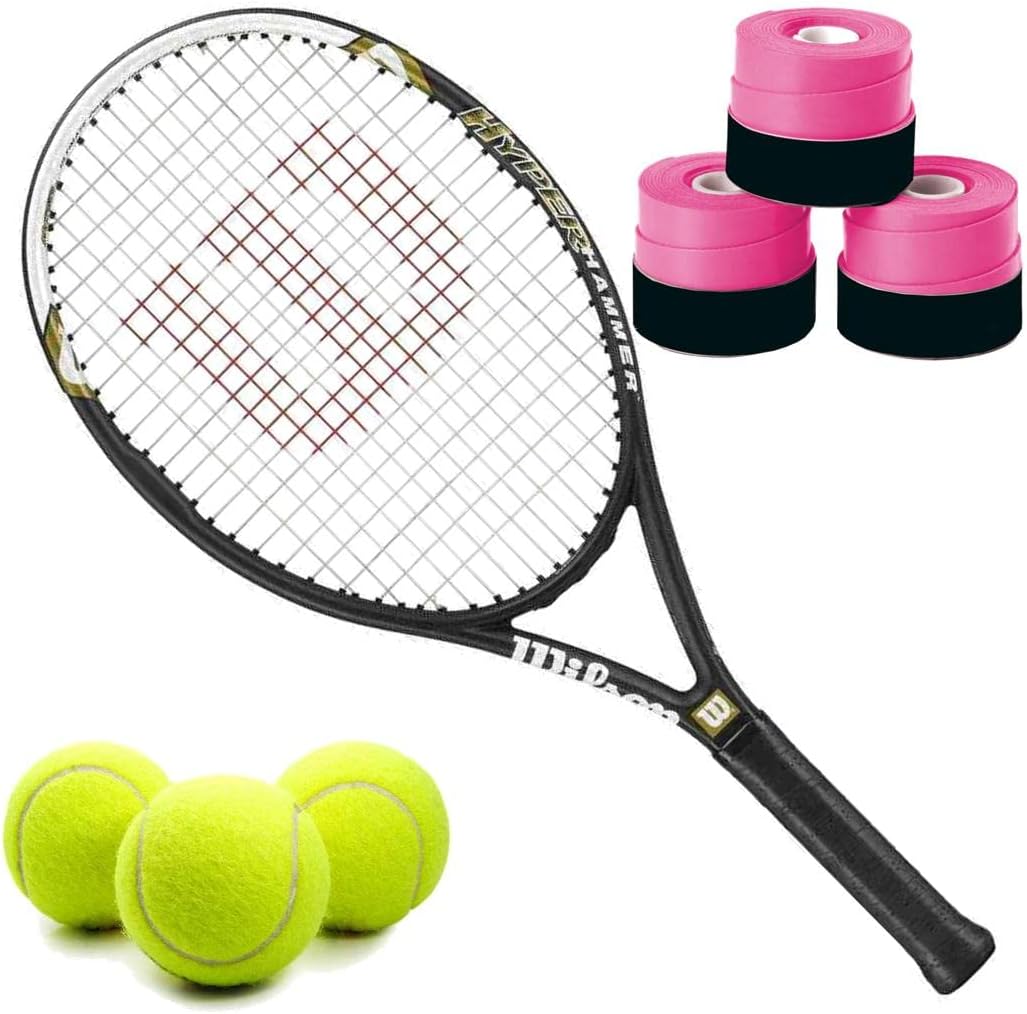 Wilson Hyper Hammer 5.3 110 Pre-Strung Recreational Tennis Racquet Set or Kit Bundled with Overgrips and a Can of ITF Regulation Tennis Balls