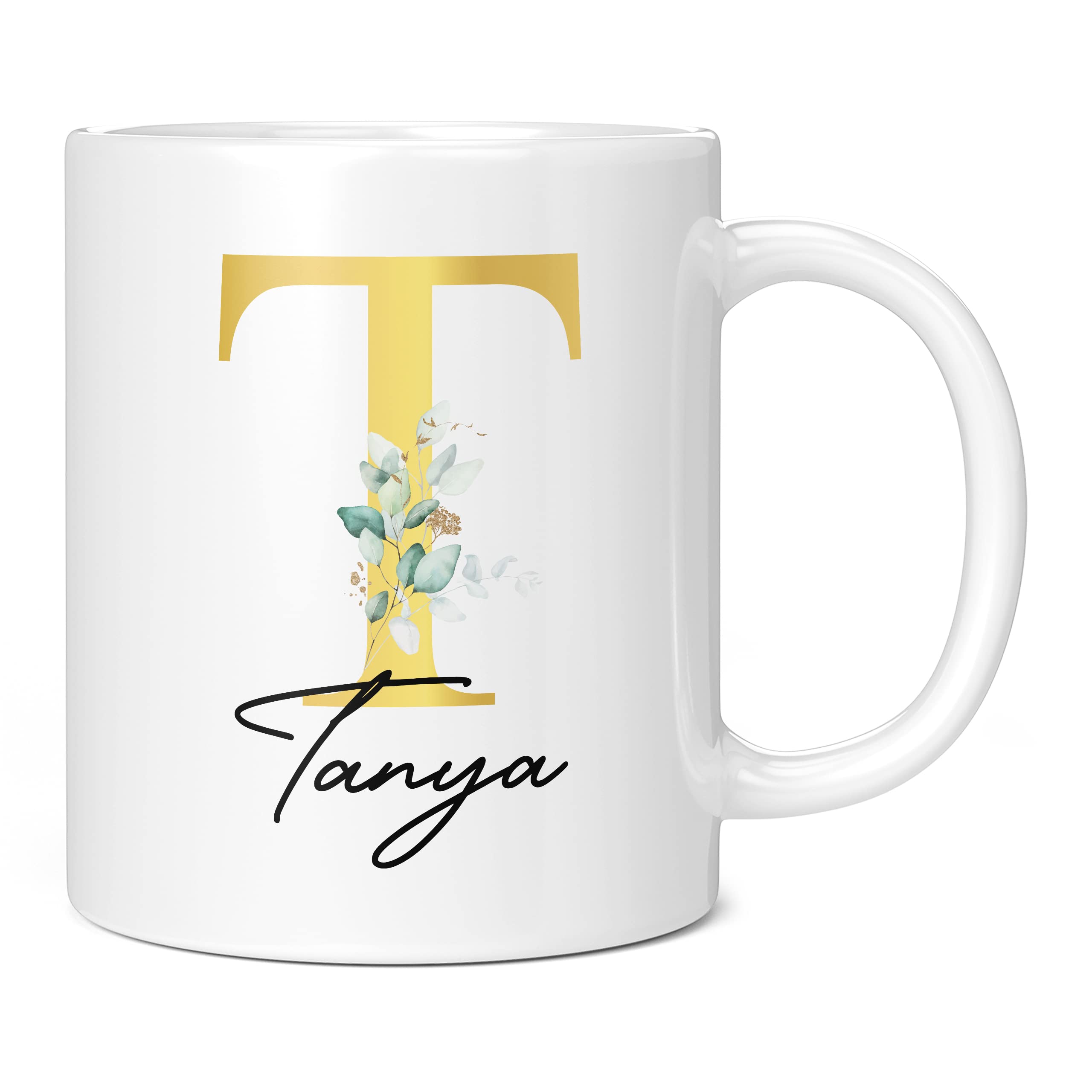 Personalised Letter T Floral Mug Initial with Name, Customised Gift, Gold Effect Printed Letter, NOT Metallic - Ceramic Coffee Cup for Men or Women, Extra Large and Giant Mug, 20oz White Cup