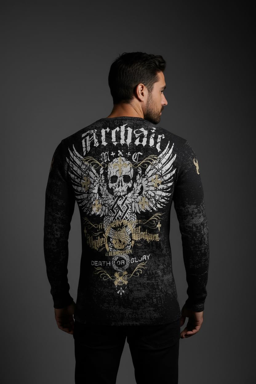 Archaic by Affliction Męska koszulka termiczna z długim rękawem, czarna, czaszka i skrzydła, projekt graficzny