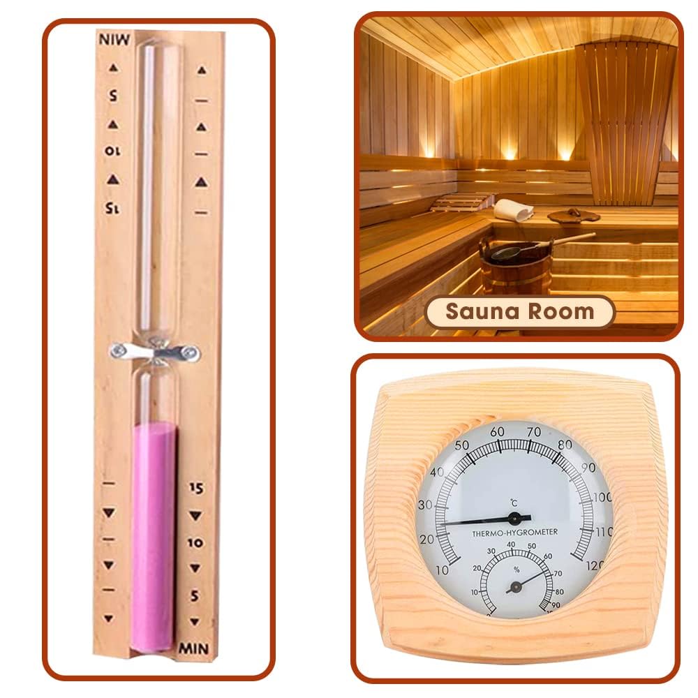 2 in 1 Sauna Thermometer Hygrometer und Sanduhr, Wandmontage umweltfreundlich Sauna Klimamesser Tropfen mit 15 Minuten Rotierender Sandglass Holz für Sauna Innenausstattung, Badezimmer