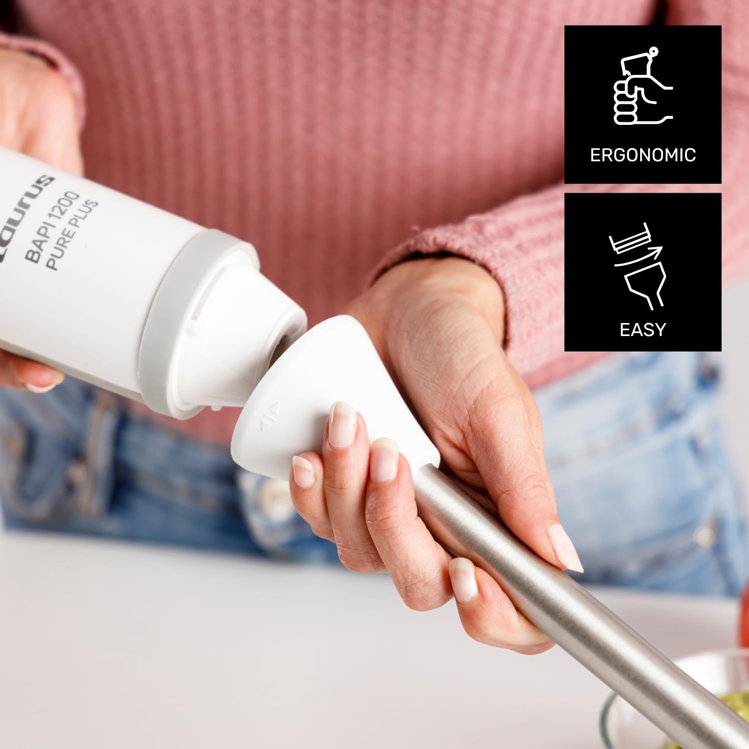 Taurus – Batidora de mano Bapi 1200 Pure Plus | 1200W | 20 velocidades + Turbo | Cuchillas y varilla inox | Turbo Rotation System | Campana antisalpicaduras | Set completo de accesorios