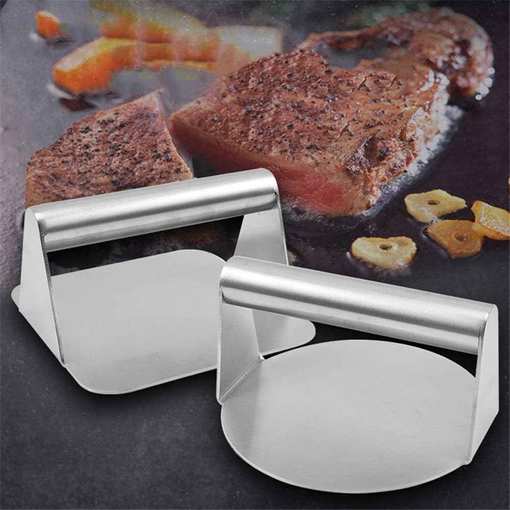 LoBake Manual 304 Stainless Steel Round Square Meat Press Meat Patties Hamburger Maker with Wooden Handle Pressing Steak Kitchen Tools (Square Steel Handle)