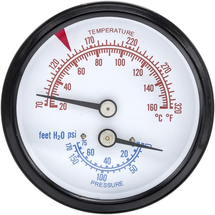 PIC Gauges TRI-RC-254R1.75-D Commercial Tridicator, Black Steel Case, Bronze Internals, Plastic Lens w/ Red Indicator, 2.5" Dial, 1.75" Stem Length, 0/75 psi Range, 1/4" Male NPT