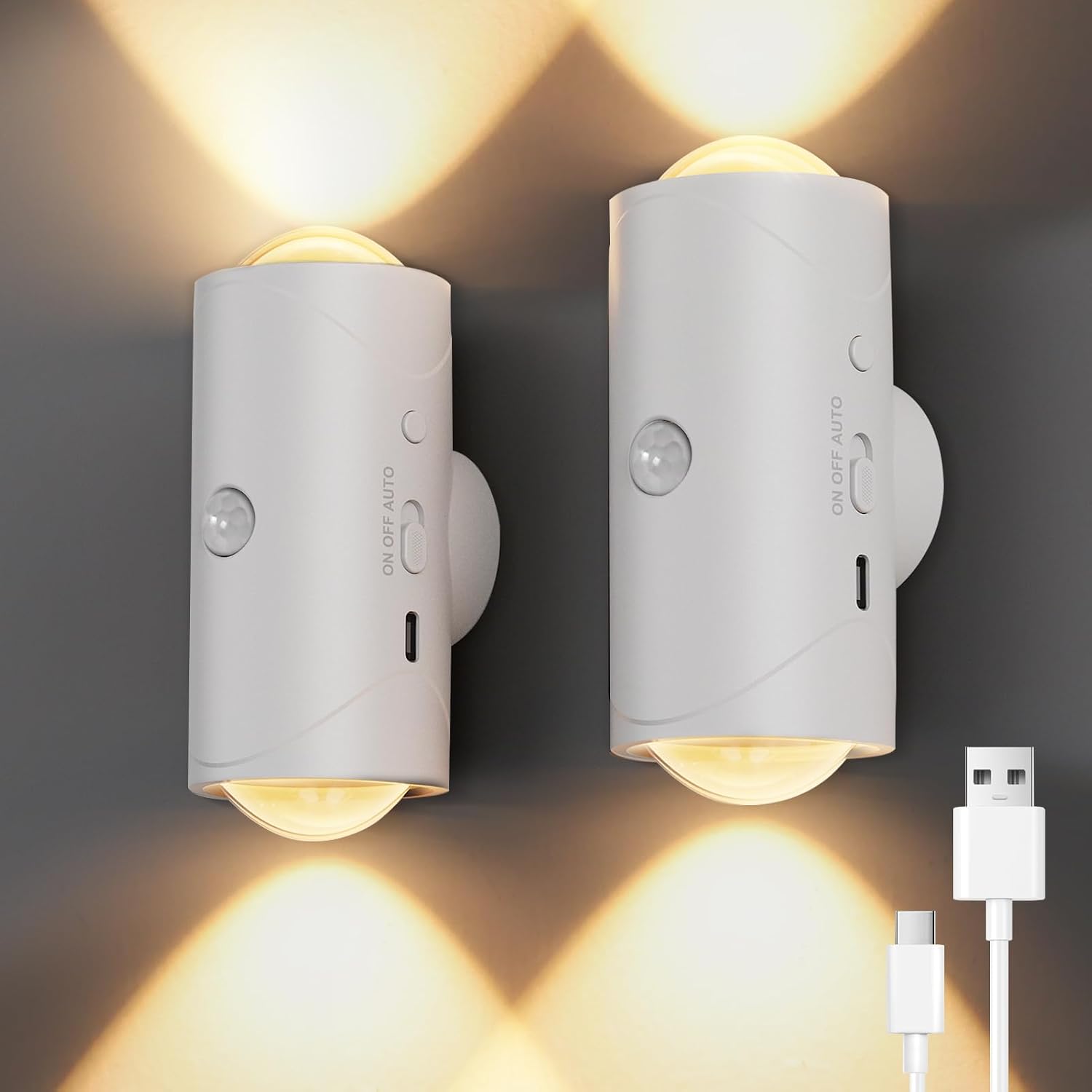 2 Pack LED Motion Sensor Night Light Indoor, Rechargeable Wall Lights ...