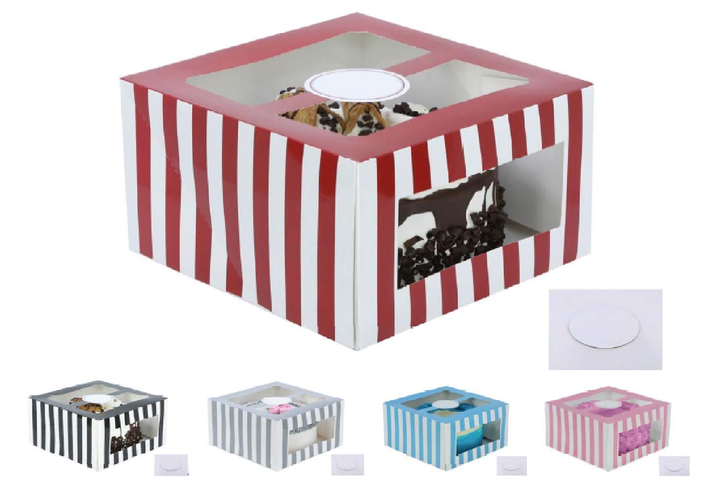 Confection Protection Cardboard Cake Boxes: 10 x 10 x 6 Inch Tall Cake Box Set with Cake Boards - Bakery Carrier Container with Window Panels for Wedding, Bake Sales - 10 Pack, Glossy Red Stripes