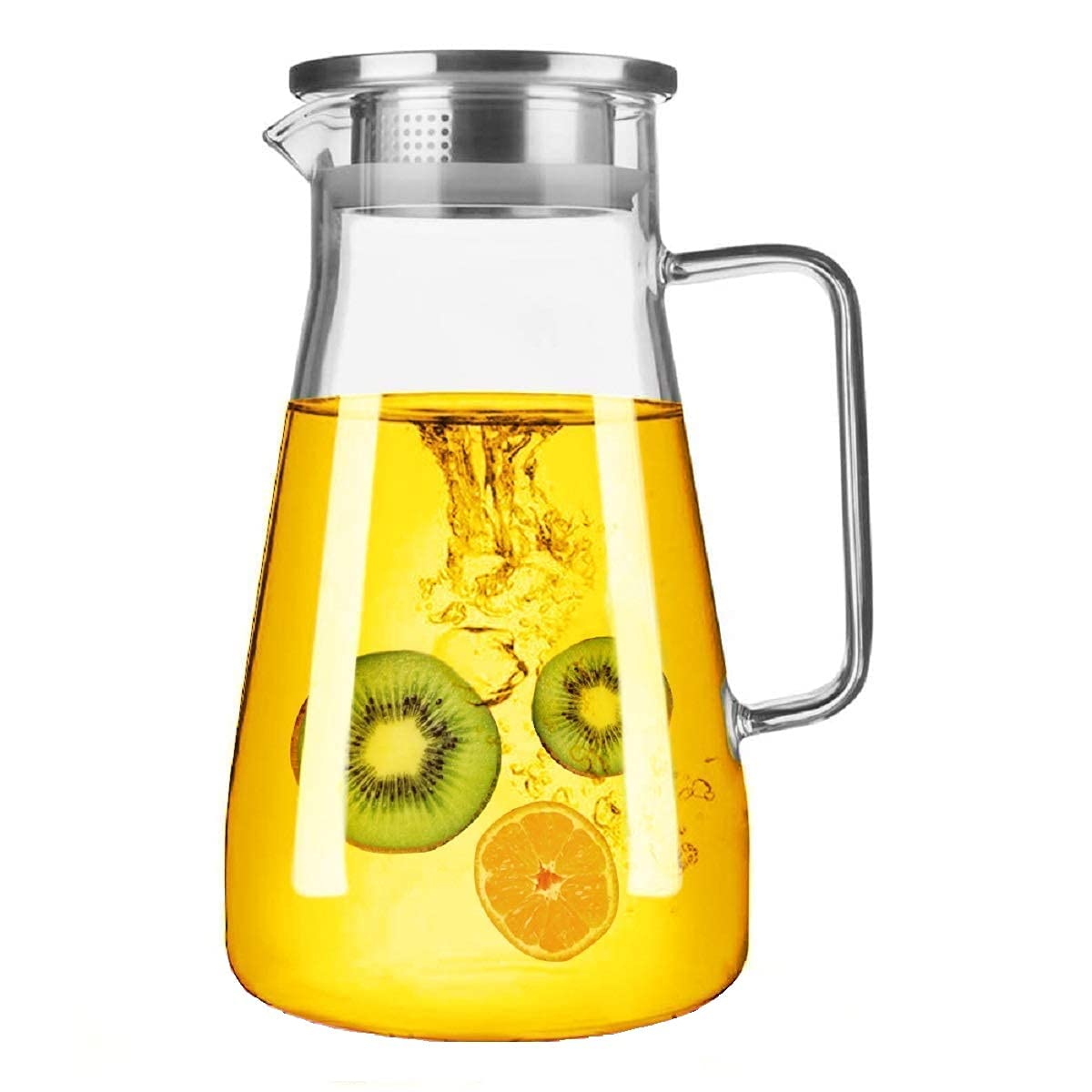 Amishaine Transparent Glass jug Pitcher with Stainless Steel lid and Handle 1 Piece 1.8 Liter Capacity for Serving Water Beverages iced Tea juices Cocktails and Milk at Home Kitchen or Dining Table