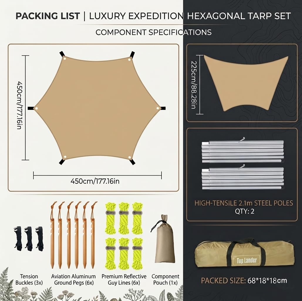 Großes Camping Tarp Zelt Ultraleicht Wasserdicht Multifunktional Awning Hexagon Tarpaulin Shelter für Auto Bushcraft Hängematte Backpacking Outdoor Survival (beige) (Beige, 4,5x4,5 tarp with Poles)