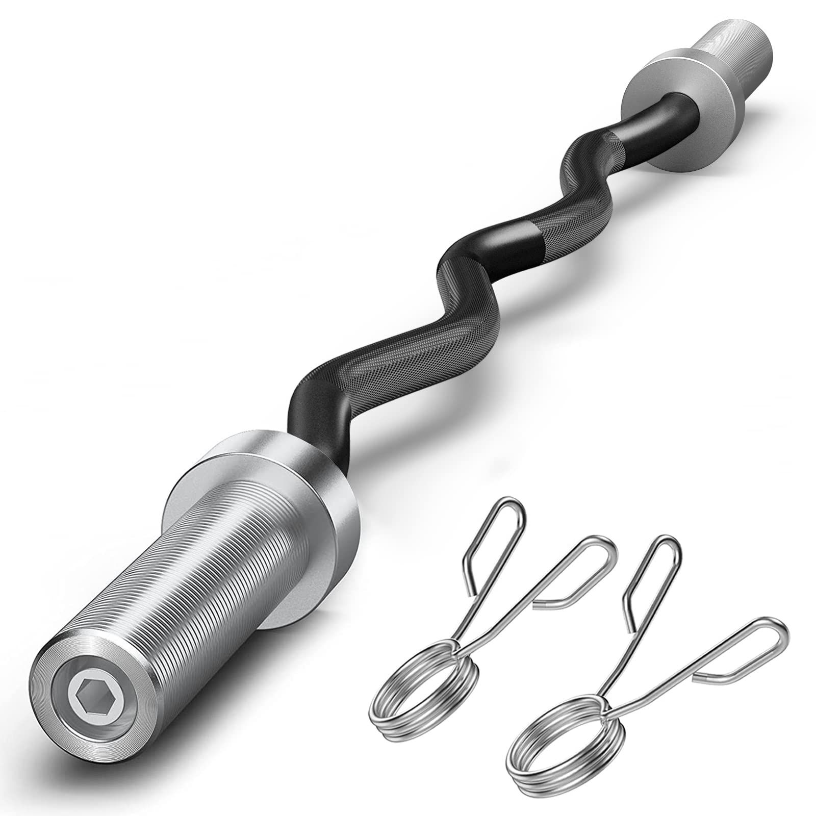 FEIERDUN Olympic Barbell EZ Curl Bar 47inches for Weightlifting, Hip Thrusts, Squats and Lunges, Suitable for 2 inch Weight Plates,with 2 Spring Collars