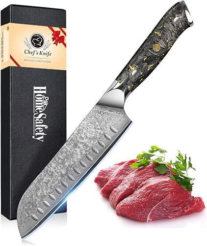 Home Safety Cuchillo Santoku de acero de Damasco de 7 pulgadas, cuchillo de cocina profesional de chef, cuchillos afilados con mango ergonómico de