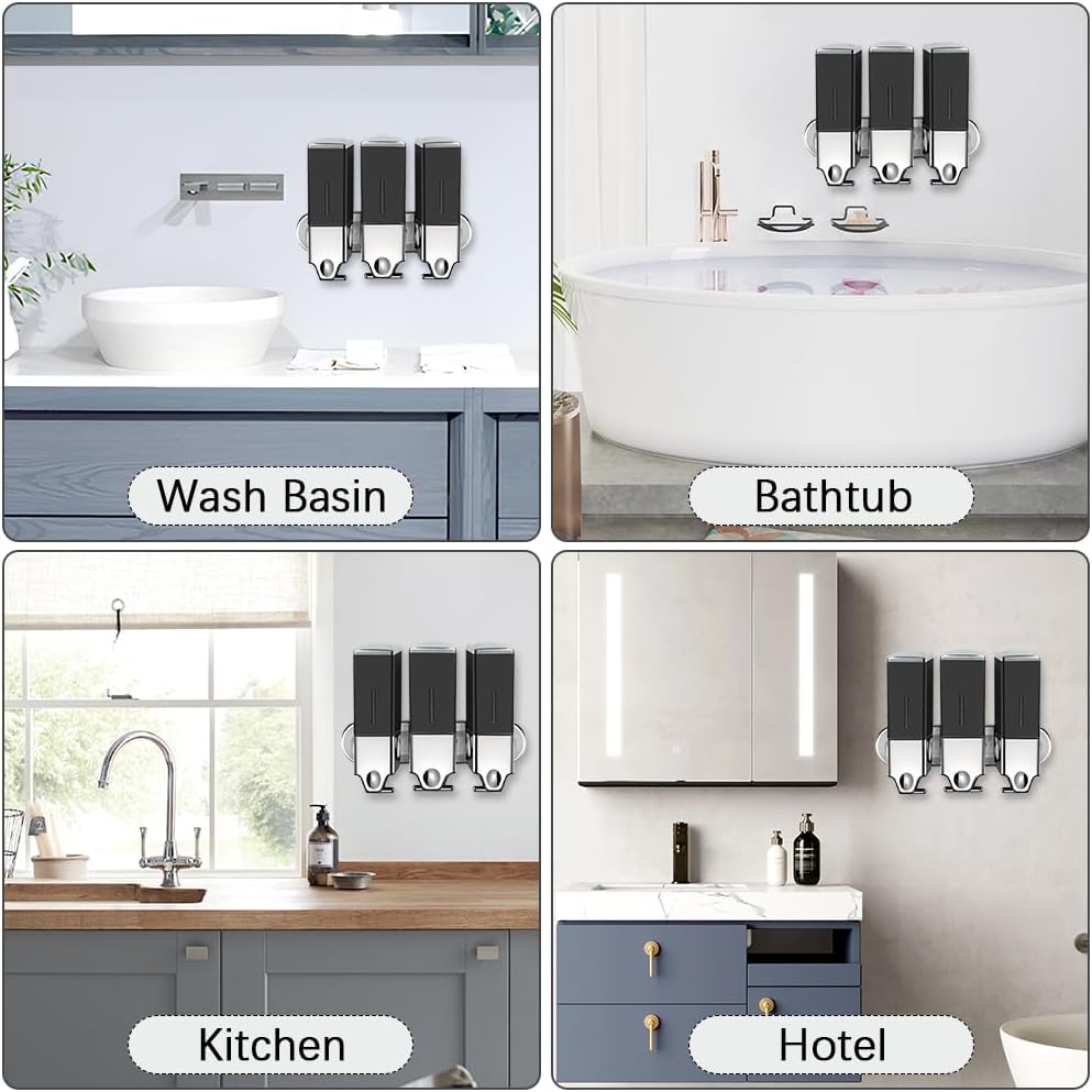 3 x 500ml per Cup Wall Mounted Manual Soap Dispenser for Home, Bath, Kitchen, Hotels, Restaurants. Shower and Lotion Dispenser (Black)