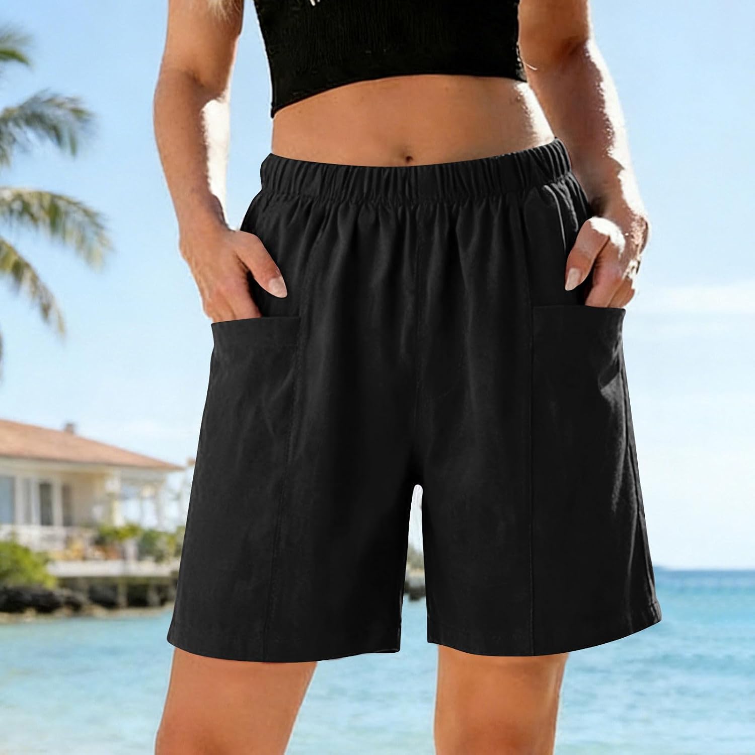 Women's Bermuda Shorts Elastic High Waisted Summer Loose Fit Knee Length Shorts Casual Loose Outfits with Pockets