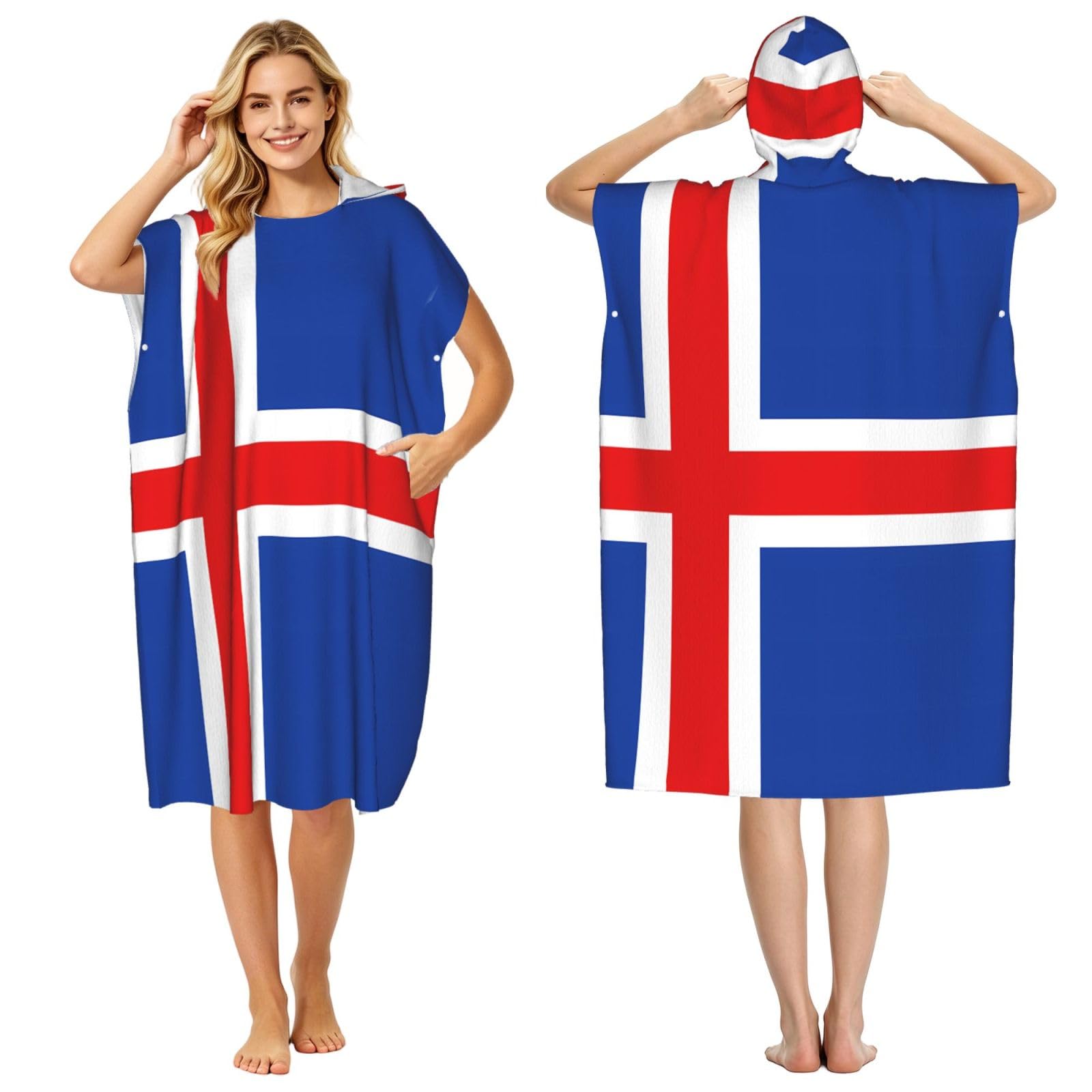 Zaixiansj 110cm Flag of Iceland Print Adult Changing Robe Hooded Towel Poncho Surf Swim Beach Cover Up with Pockets