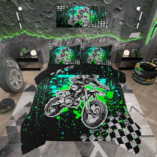 Feelyou Kids Dirt Bike Comforter Set,Racing Motocross Rider Bedding Set Twin Size,Boys Teens Bedroom Room Decor,Extreme Sports Comforter,Motorcycle Bed Set