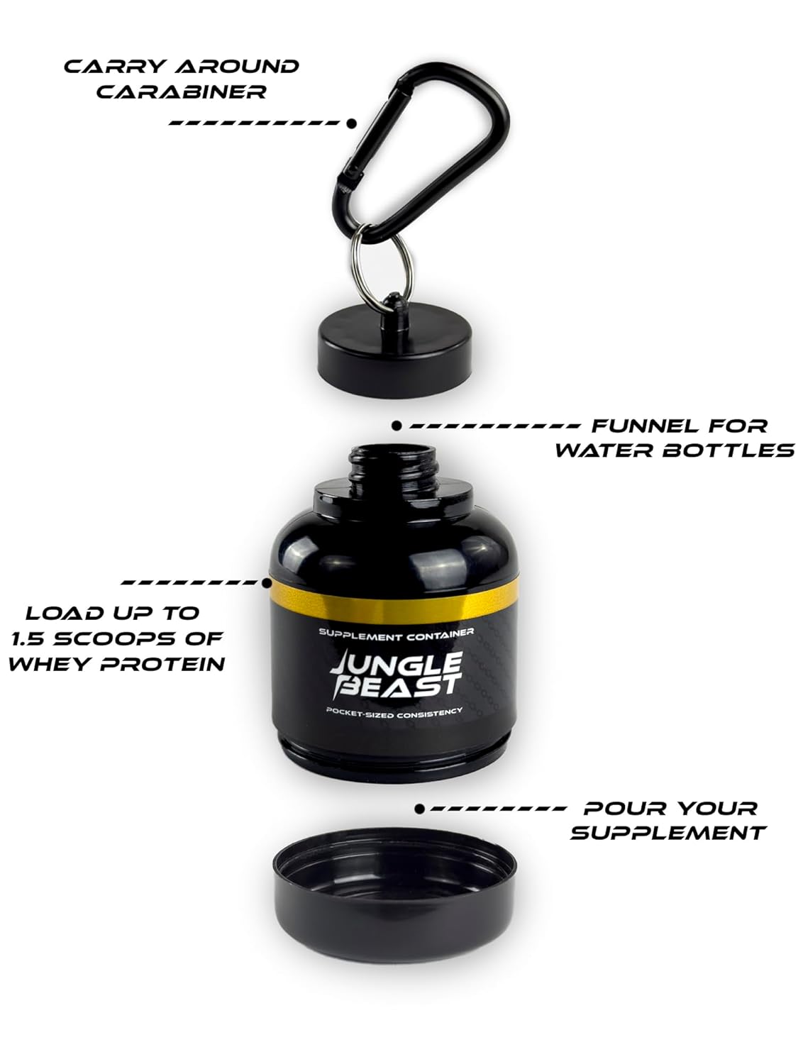 Jungle Beast Par de Llaveros para Proteina en Polvo y Suplementos, Con Embudo para Botellas, Contenedor de Suplementos para Gimnasio.
