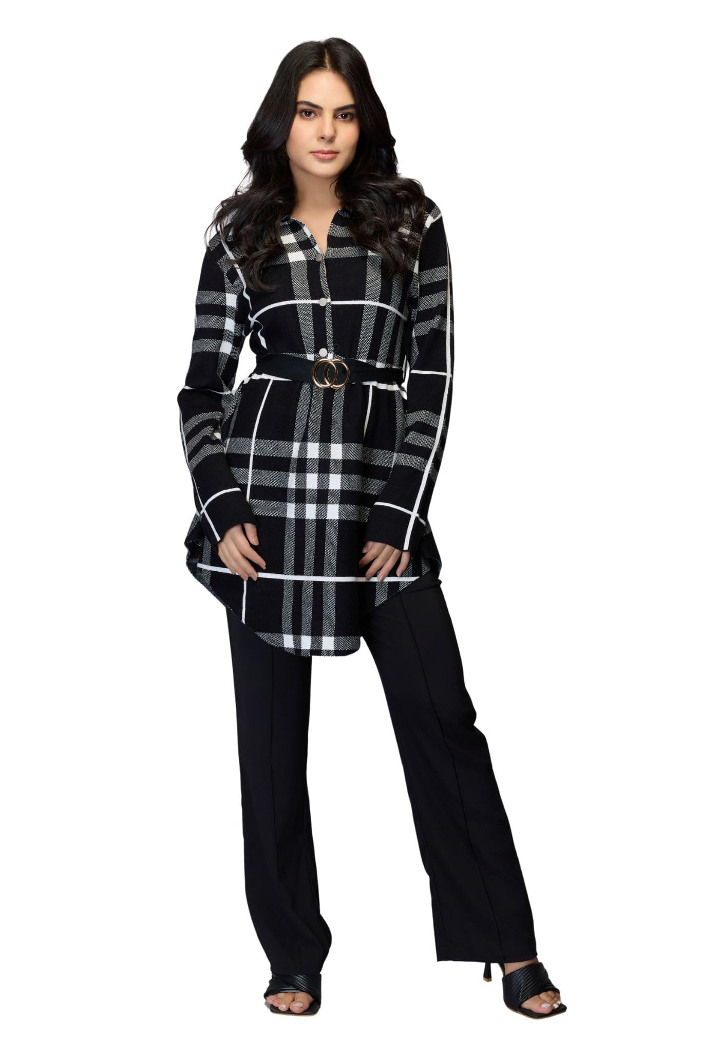 Women’s Tartan Knit Sweater with Belted Waist, Front Button Closure, Viscose Blend-image-15