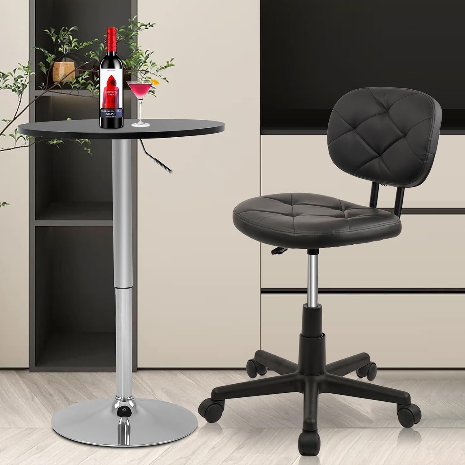 Klasika Drehhocker mit Hochwertigem PU-Kunstleder Rückenlehne 360° Drehbar und Höhenverstellbar Ergonomischer Multifunktionaler Arbeits Hocker Bequem für Salon Spa Garage Bar Schwarz 1er Set